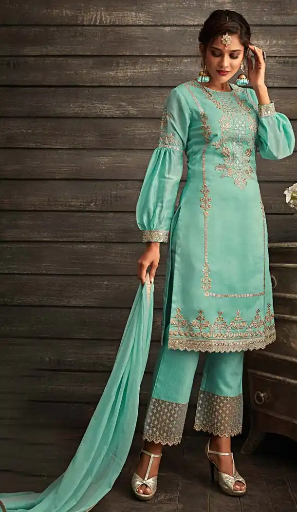 Vivacious Sea Blue Color Crepe Designer Sharara Salwar Suit - 575171652