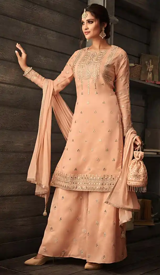 Unique Peach Color Crepe Designer Sharara Salwar Suit - 575171653