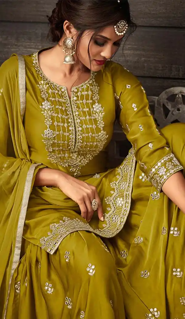 Olive Green Color Crepe Designer Sharara Salwar Suit - 575171655