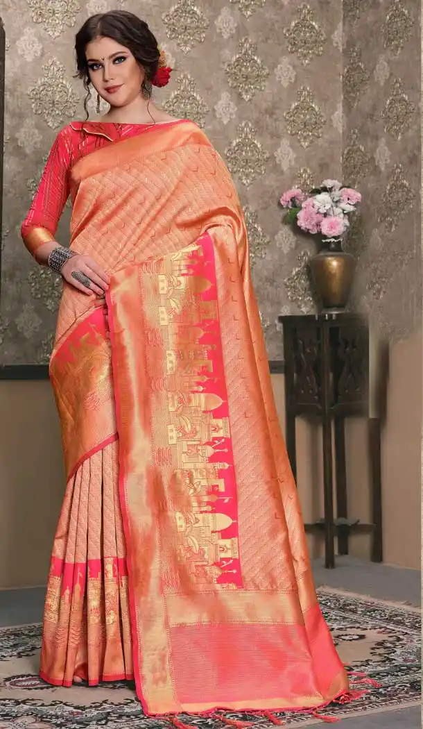 Coral Pink Tanchui Art Silk Casual Wear Plus Size Saree Blouse - 564170499
