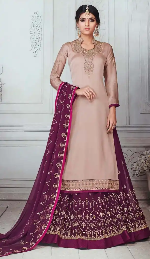 Peach Cream Color Satin Georgette Party Wear Lehenga Suit - 575271658