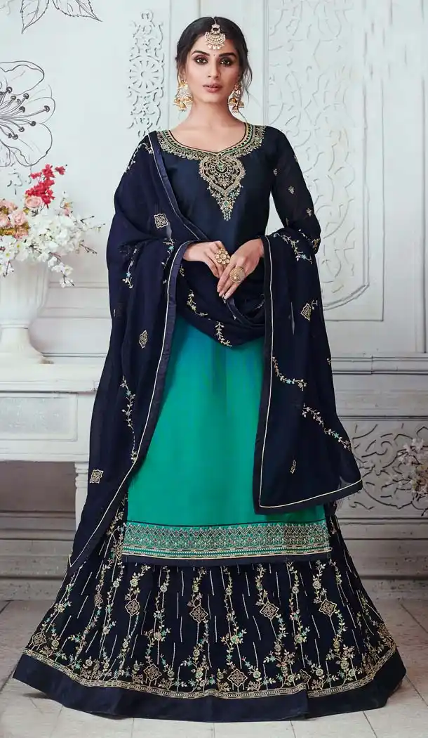Navy Blue And Green Color Satin Georgette Party Wear Lehenga Suit - 575271659