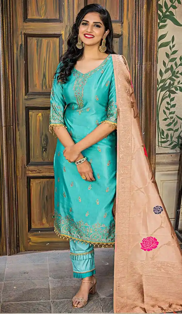 Banarasi Jacquard  Aqua Green Color Party Wear Palazzo Suit - 575771713