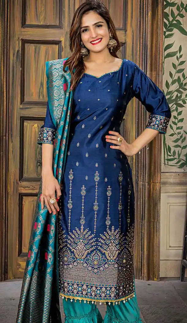 Banarasi Jacquard Navy Blue Color Party Wear Palazzo Suit - 575771714