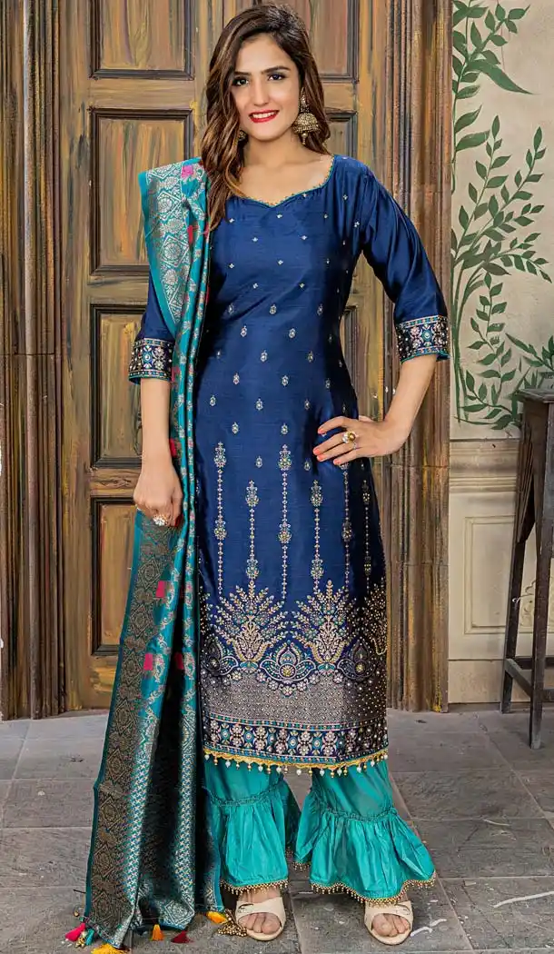 Banarasi Jacquard Navy Blue Color Party Wear Palazzo Suit - 575771714