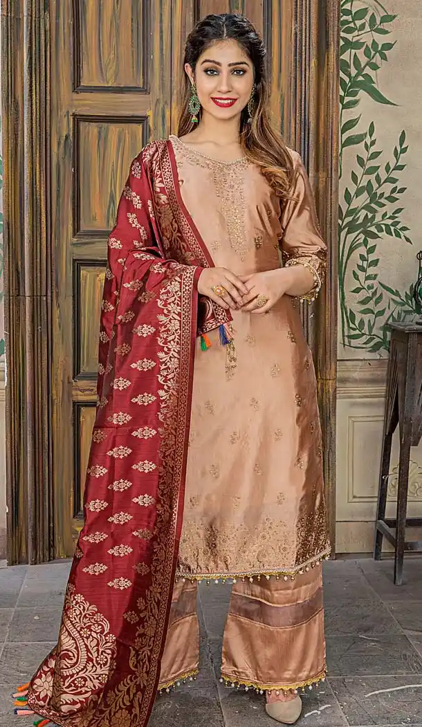 Banarasi Jacquard Copper Color Party Wear Palazzo Suit - 575771715