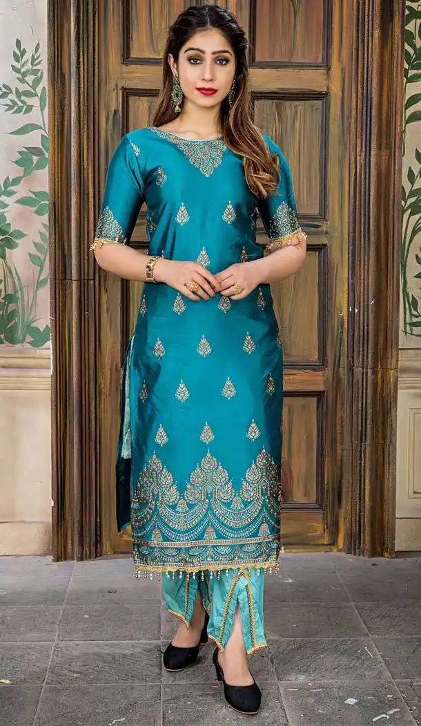 Banarasi Jacquard Sea Blue Color Party Wear Palazzo Suit - 575771717