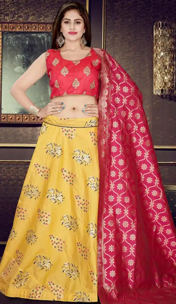 Creamish Yellow Color Banarasi Jacquard Designer Readymade Lehenga Choli - 570571168