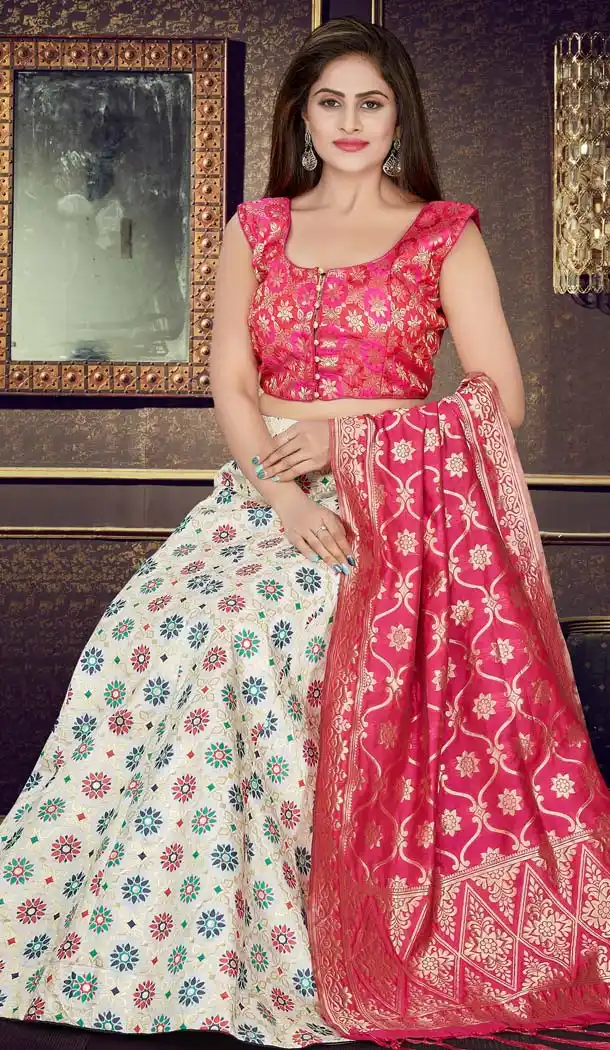 Off White Color Banarasi Jacquard Designer Readymade Lehenga Choli - 570571172