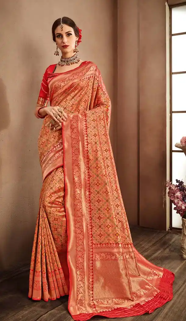 Ethnic Red Color Banarasi Silk Designer Wedding Saree Blouse - 576971844