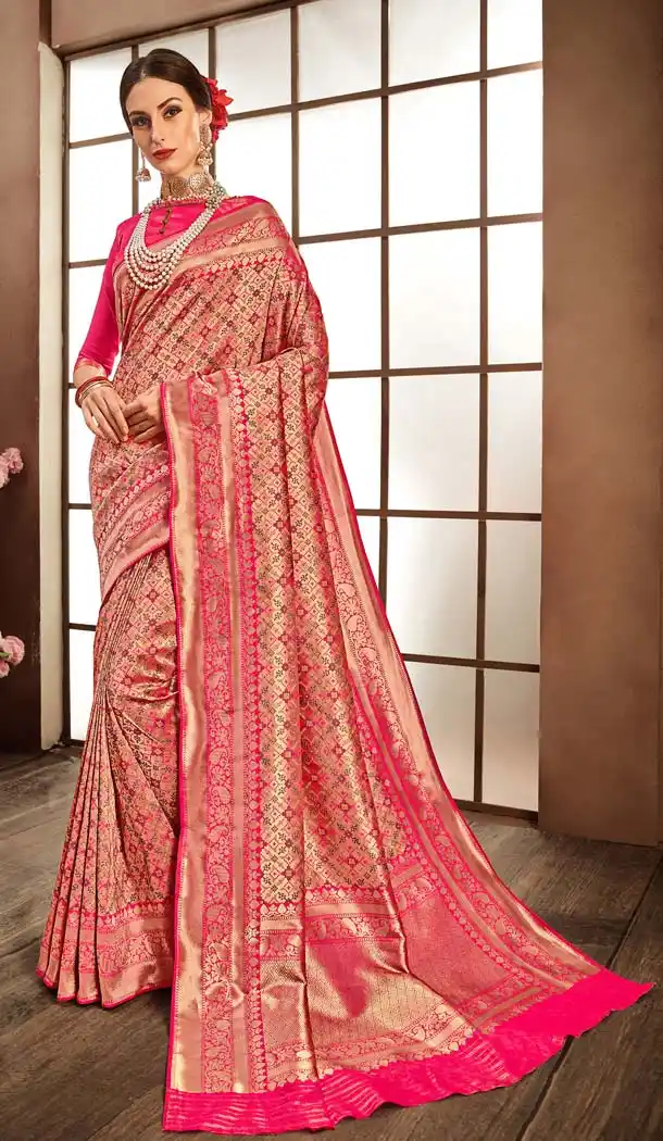 Trendy Pink Color Banarasi Silk Designer Wedding Saree Blouse - 576971845