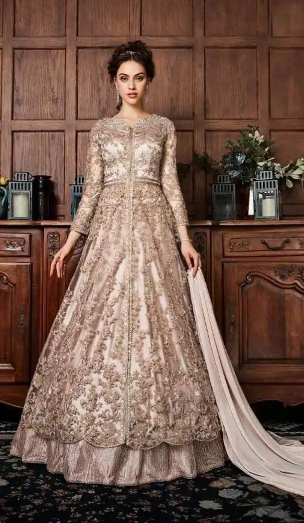 Golden Brown Color Net Designer Pakistani Achkan Style Salwar Kameez - 577471925