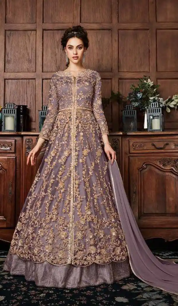 Light Wine Color Net Designer Pakistani Achkan Style Salwar Kameez - 577471927