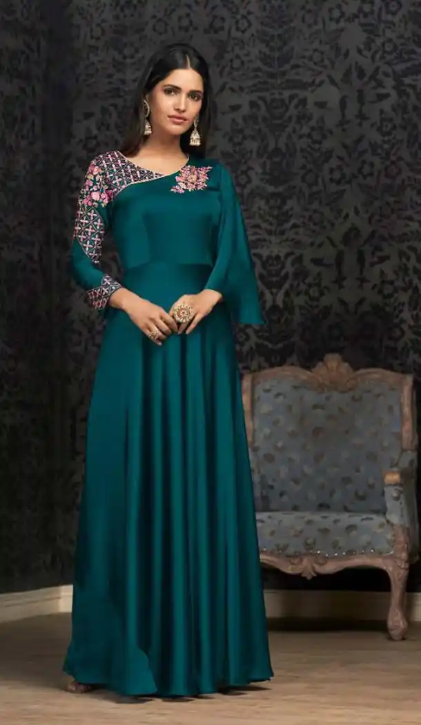 Sea Blue Color Glowing Georgette Readymade Indo Western Girl Gown - 578071979