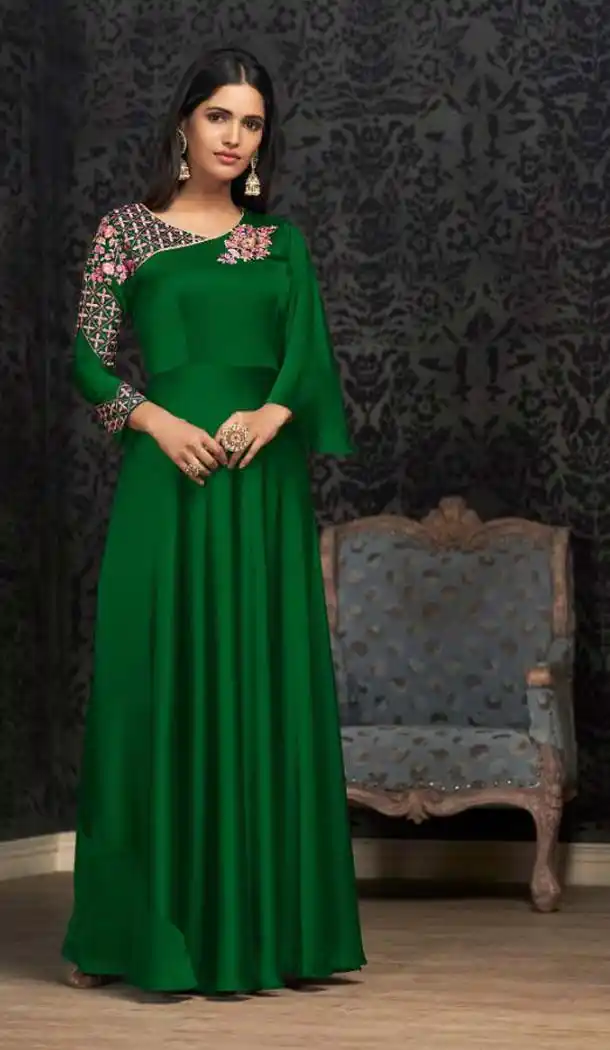 Green Color Glowing Georgette Readymade Indo Western Girl Gown - 578071980