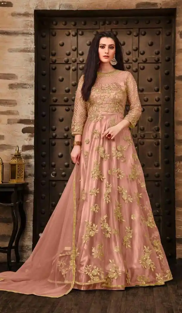 Golden Brown Color Net Satin Designer Achkan Style Salwar Kameez - 578171982