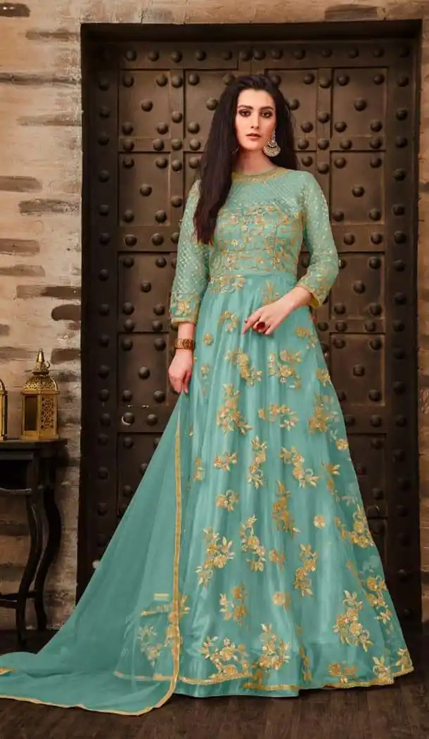 Exquisite Green Color Net Satin Designer Achkan Style Salwar Kameez - 578171985