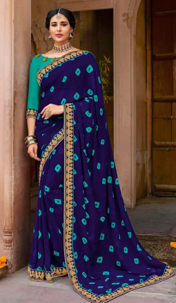 Navy Blue Color Georgette Stunning Printed Bandhani Sarees - 578472001