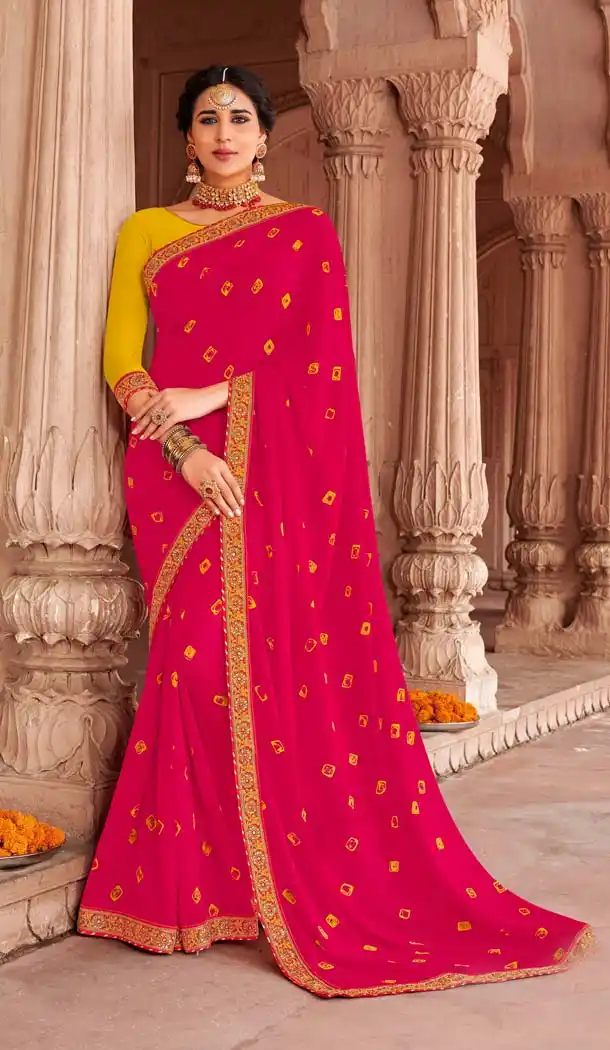 Chic Dark Pink Color Georgette Stunning Printed Bandhani Sarees - 578472002