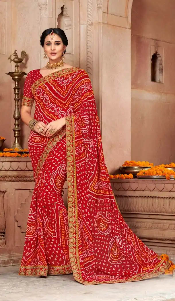 Red Color Georgette Stunning Printed Bandhani Sarees - 578472006