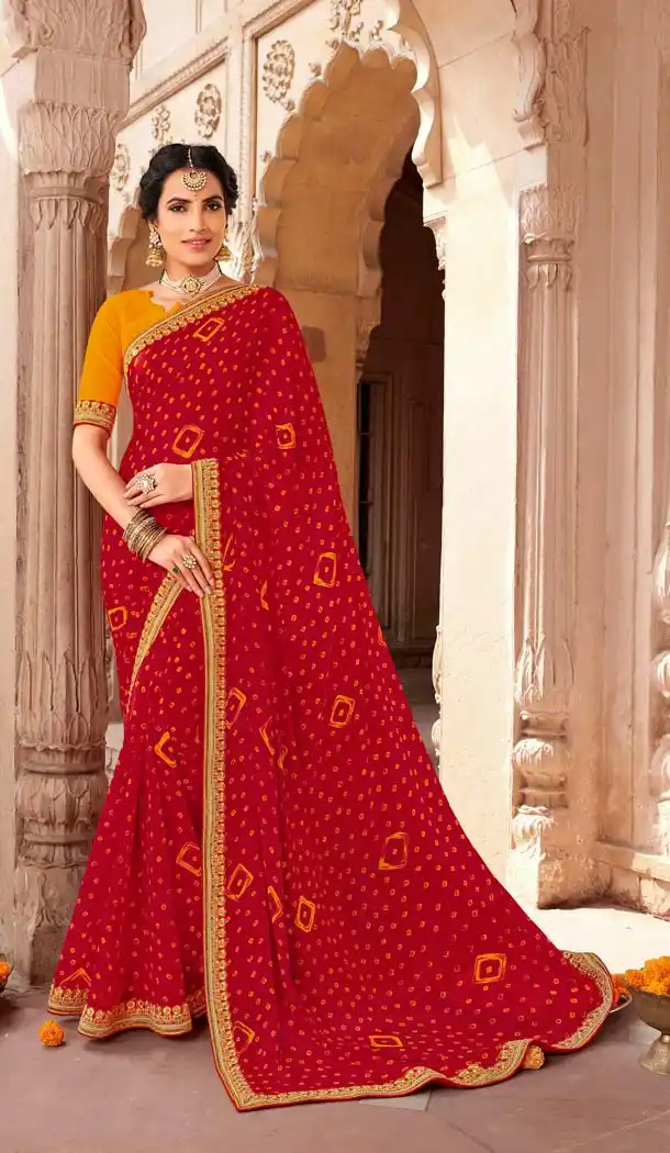Chic Red Color Georgette Stunning Printed Bandhani Sarees - 578472007
