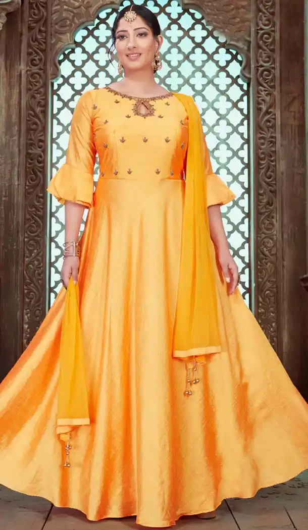 Yellow Color Chanderi Designer Indo Western Readymade Gowns - 580272237