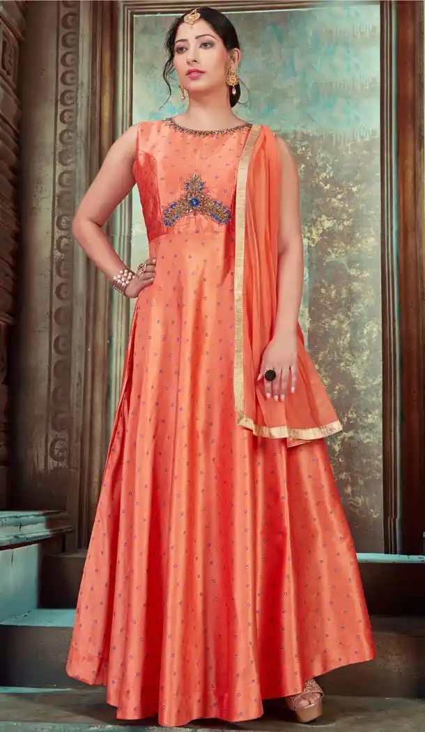 Orange Color Chanderi Designer Indo Western Readymade Gowns - 580272239