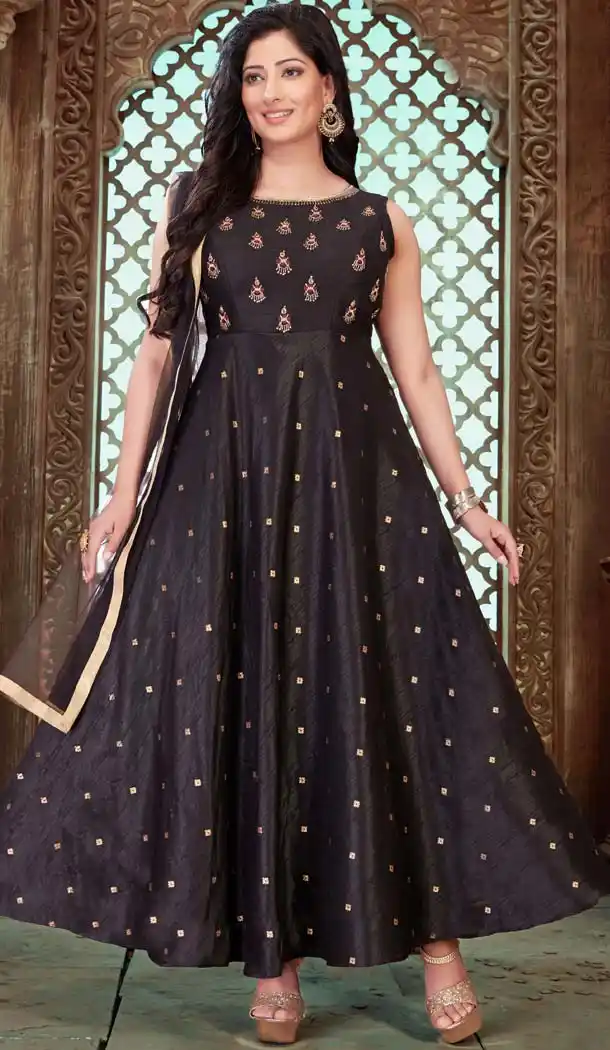 Black Raw Silk Designer Indo Western Readymade Gowns - 580272241