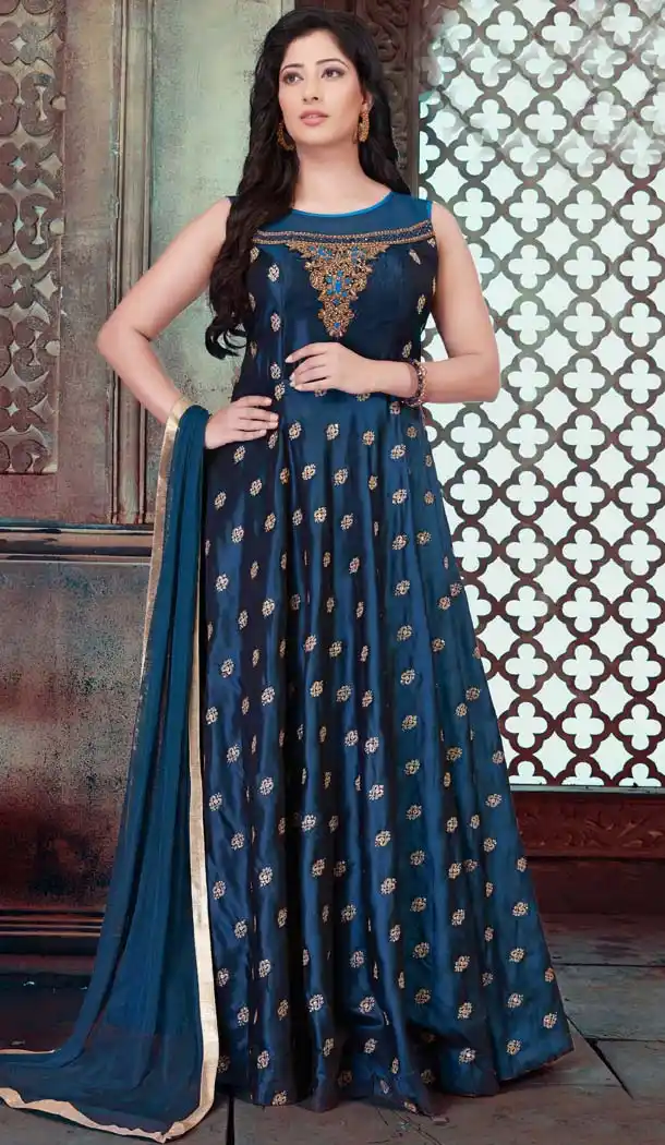 Blue Taffeta Silk Designer Indo Western Readymade Gowns - 580272242