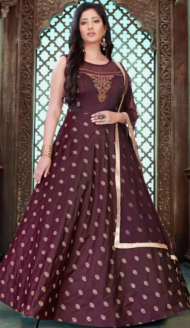 Charming Brown Taffeta Silk Designer Indo Western Readymade Gowns - 580272243