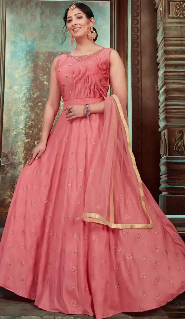 Peach Muslin Silk Designer Indo Western Readymade Gowns - 580272244