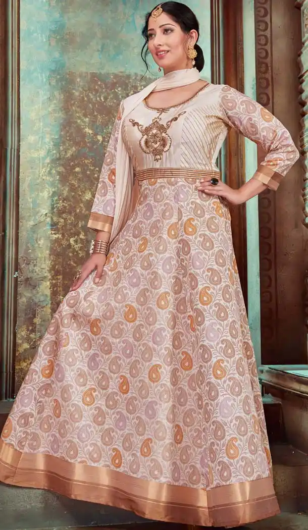 Beige Tussar Silk Designer Indo Western Readymade Gowns - 580272245