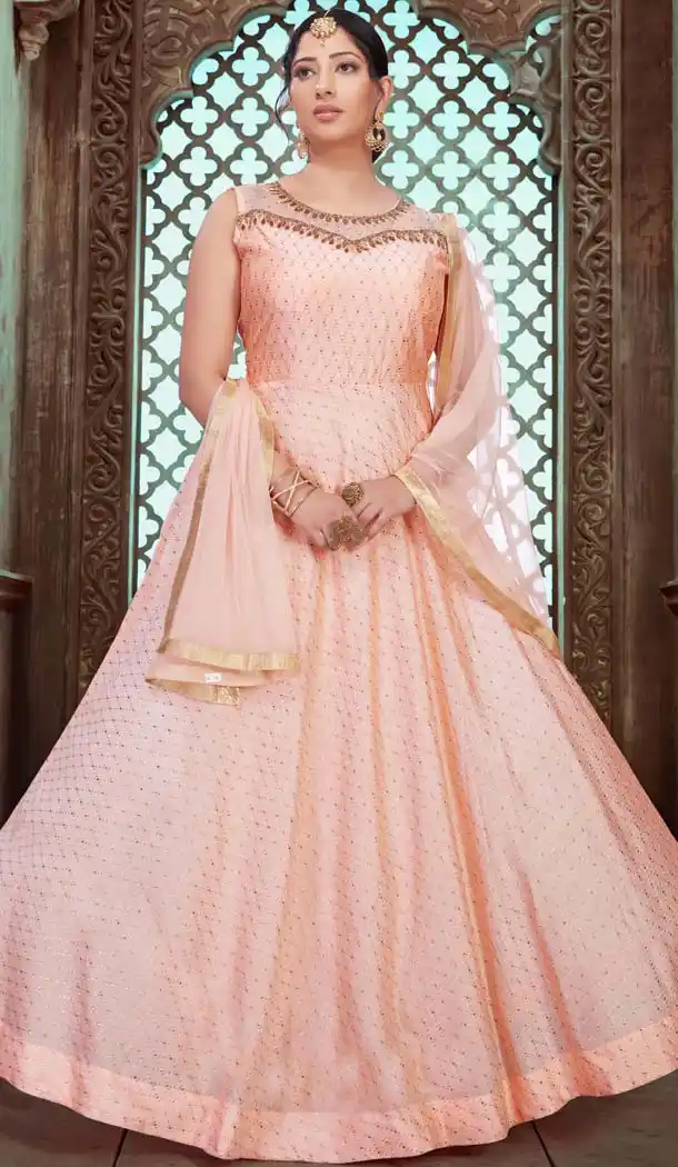 Peach Chanderi Silk Designer Indo Western Readymade Gowns - 580272246
