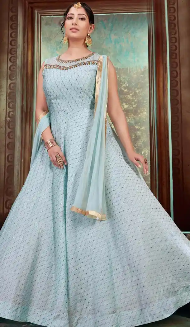 Blue Chanderi Silk Designer Indo Western Readymade Gowns - 580272247