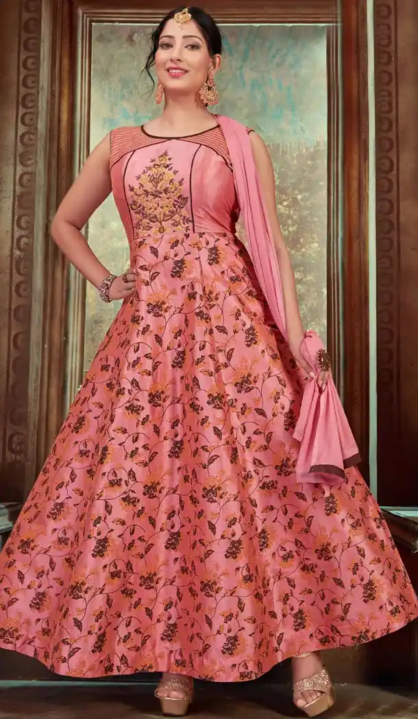 Pink Color Chanderi Silk Designer Indo Western Readymade Gowns - 580272249