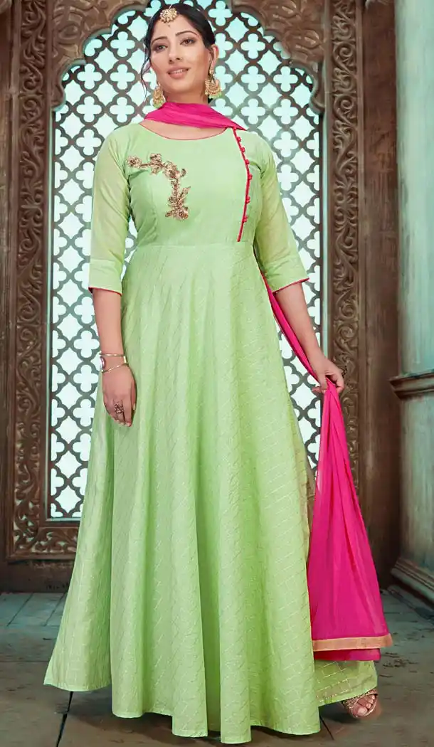Light Green Color Chanderi Silk Designer Indo Western Readymade Gowns - 580272250
