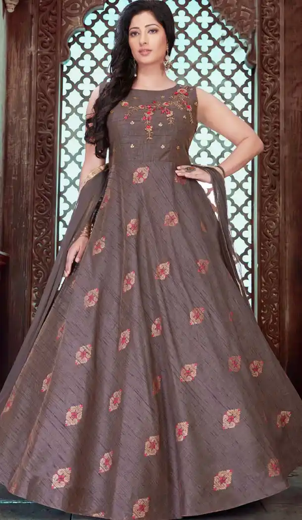Brown Color Raw Silk Designer Indo Western Readymade Gowns - 580272251