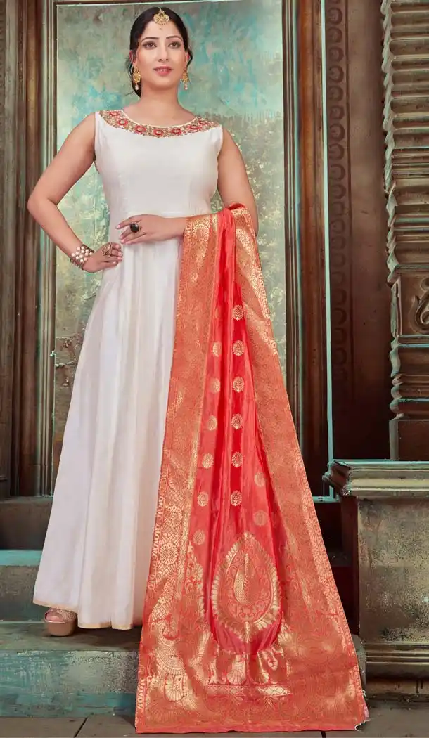 Off White Color Chanderi Silk Designer Indo Western Readymade Gowns - 580272253