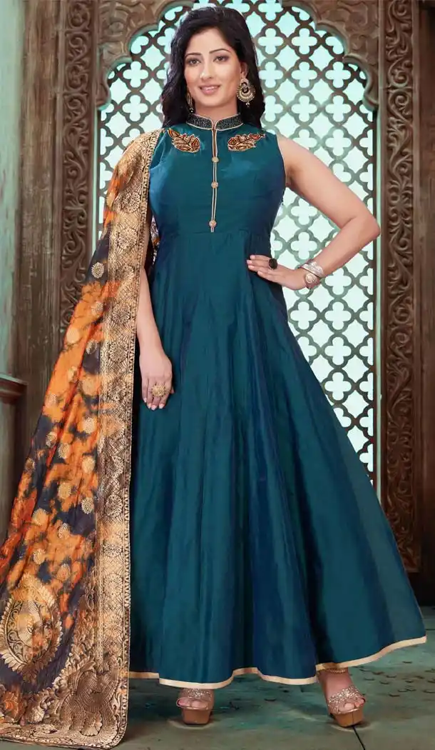 Sea Green Color Chanderi Silk Designer Indo Western Readymade Gowns - 580272254