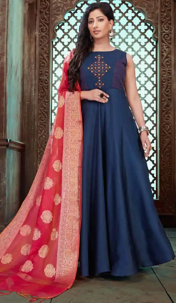 Tantalizing Navy Blue Chanderi Silk Indo Western Readymade Gowns - 580272255