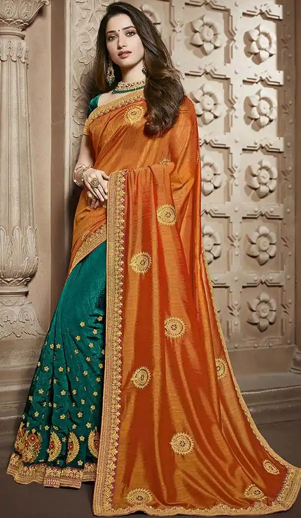 Orange And Green Color Traditional Wear Silk Tamannaah Bhatia Saree - 580172234