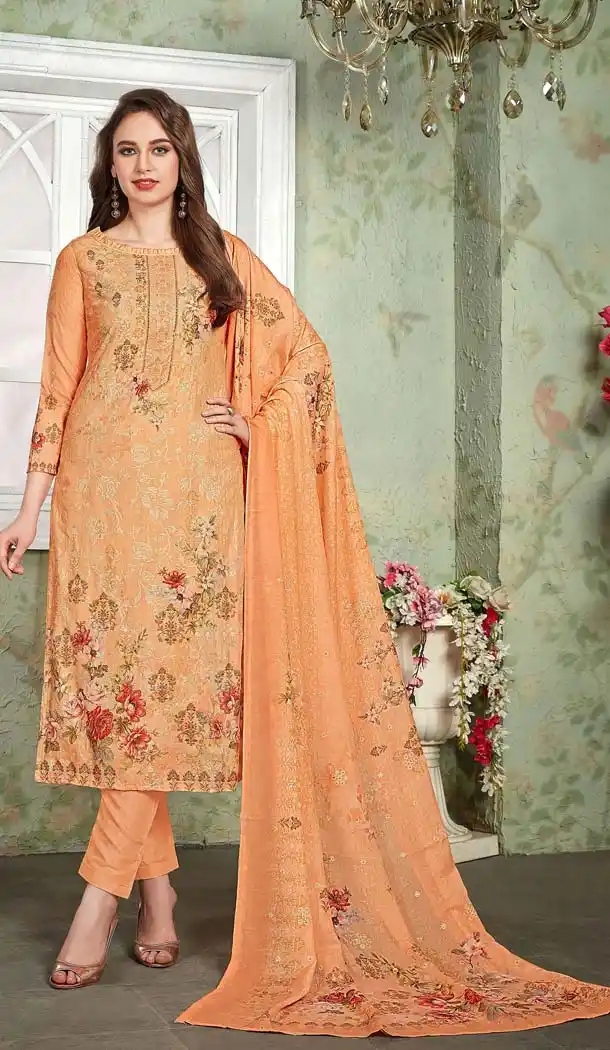 Orange Color Heavy Muslin Casual Wear Printed Salwar Suit - 580372263