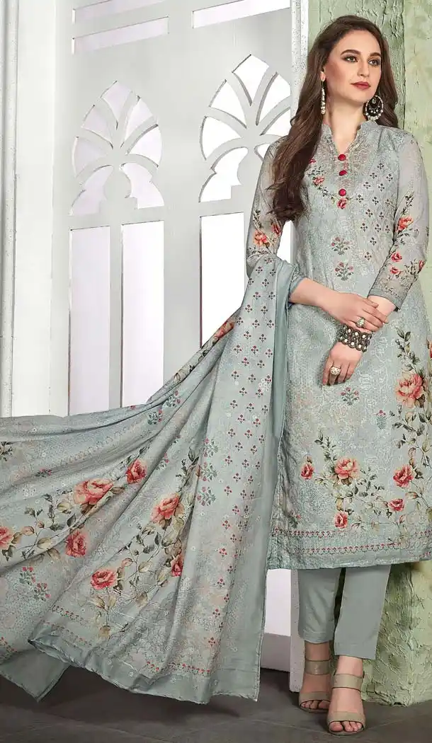 Elegant Grey Color Heavy Muslin Casual Wear Printed Salwar Suit - 580372264