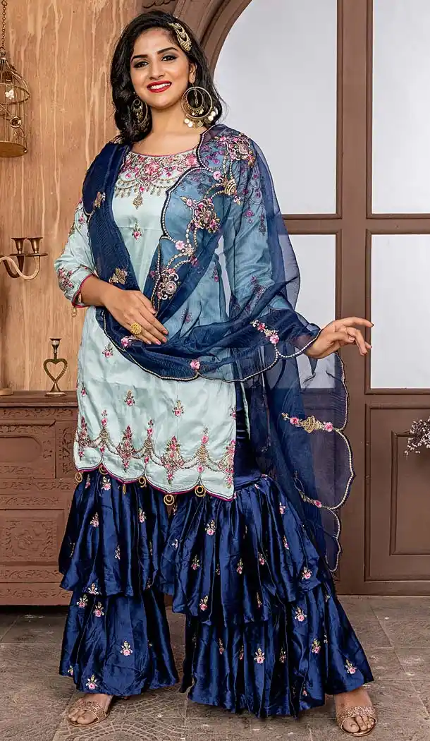 Lovely Embroidered Pakistani Style Sharara Suit in Ice Blue Color -580472266