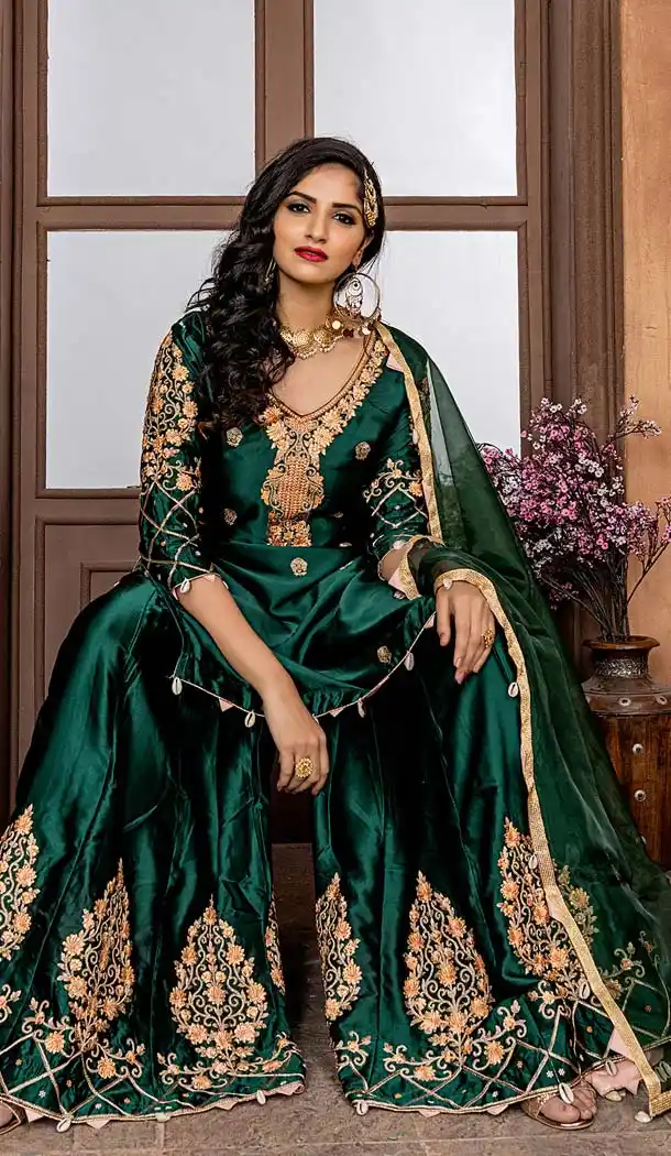 Embroidered Malai Satin Sharara Suit In Bottle Green Color -580472269