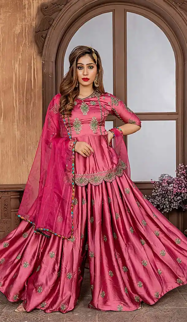 Rich Embroidered Onion Pink Colour Pakistani Sharara Suit -580472270