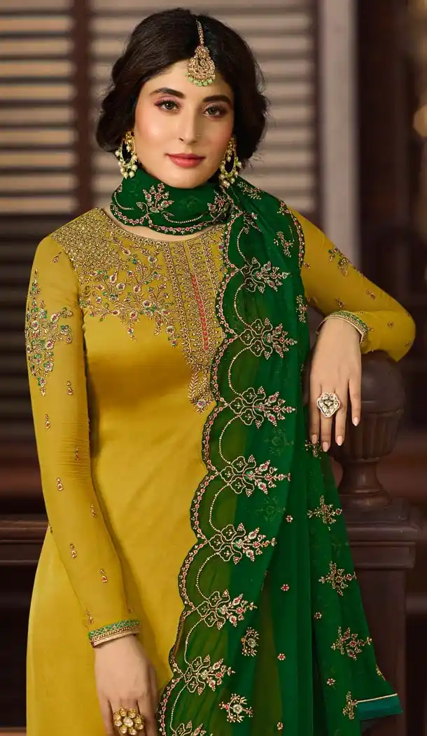 Unique Style Heavy Embroidery Satin Georgette Yellow Salwar Kameez -581072319