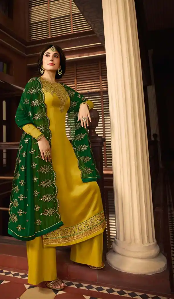 Unique Style Heavy Embroidery Satin Georgette Yellow Salwar Kameez -581072319