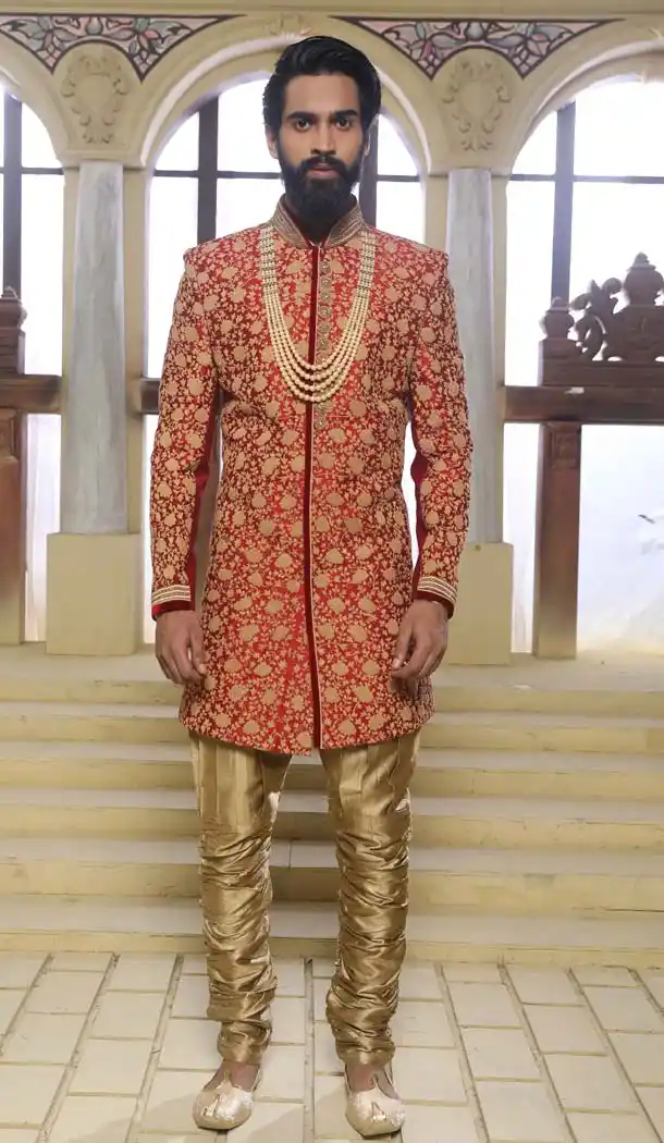Indo Western Sherwani for Groom in Red Color Raw Silk -508562404
