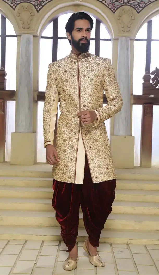 Indo Western Sherwani Dhoti in Cream Color Raw Silk -508562405